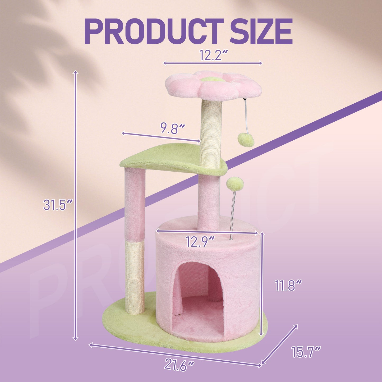 US Local 33in Cat Tree, Multi-level Cat Tower with Cat Scratching Post with Curved Perch, Cozy Cat Condo, Padded Top Bed for Kittens and Indoor Cats, Pink & Green