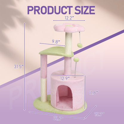US Local 33in Cat Tree, Multi-level Cat Tower with Cat Scratching Post with Curved Perch, Cozy Cat Condo, Padded Top Bed for Kittens and Indoor Cats, Pink & Green