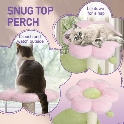 US Local 33in Cat Tree, Multi-level Cat Tower with Cat Scratching Post with Curved Perch, Cozy Cat Condo, Padded Top Bed for Kittens and Indoor Cats, Pink & Green
