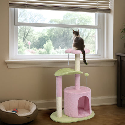 US Local 33in Cat Tree, Multi-level Cat Tower with Cat Scratching Post with Curved Perch, Cozy Cat Condo, Padded Top Bed for Kittens and Indoor Cats, Pink & Green
