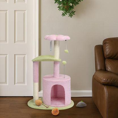 US Local 33in Cat Tree, Multi-level Cat Tower with Cat Scratching Post with Curved Perch, Cozy Cat Condo, Padded Top Bed for Kittens and Indoor Cats, Pink & Green