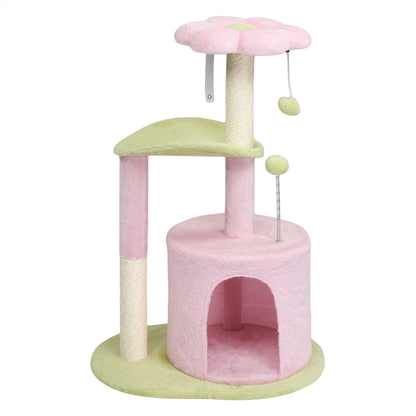 US Local 33in Cat Tree, Multi-level Cat Tower with Cat Scratching Post with Curved Perch, Cozy Cat Condo, Padded Top Bed for Kittens and Indoor Cats, Pink & Green