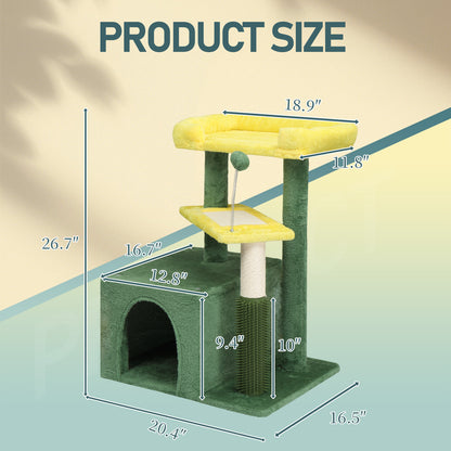 US Local 27.5in Cat Tree, Multi-level Cat Tower with Cat Scratching Post and Pad, Cozy Cat Condo, Padded Top Bed for Kittens and Indoor Cats, Yellow & Green