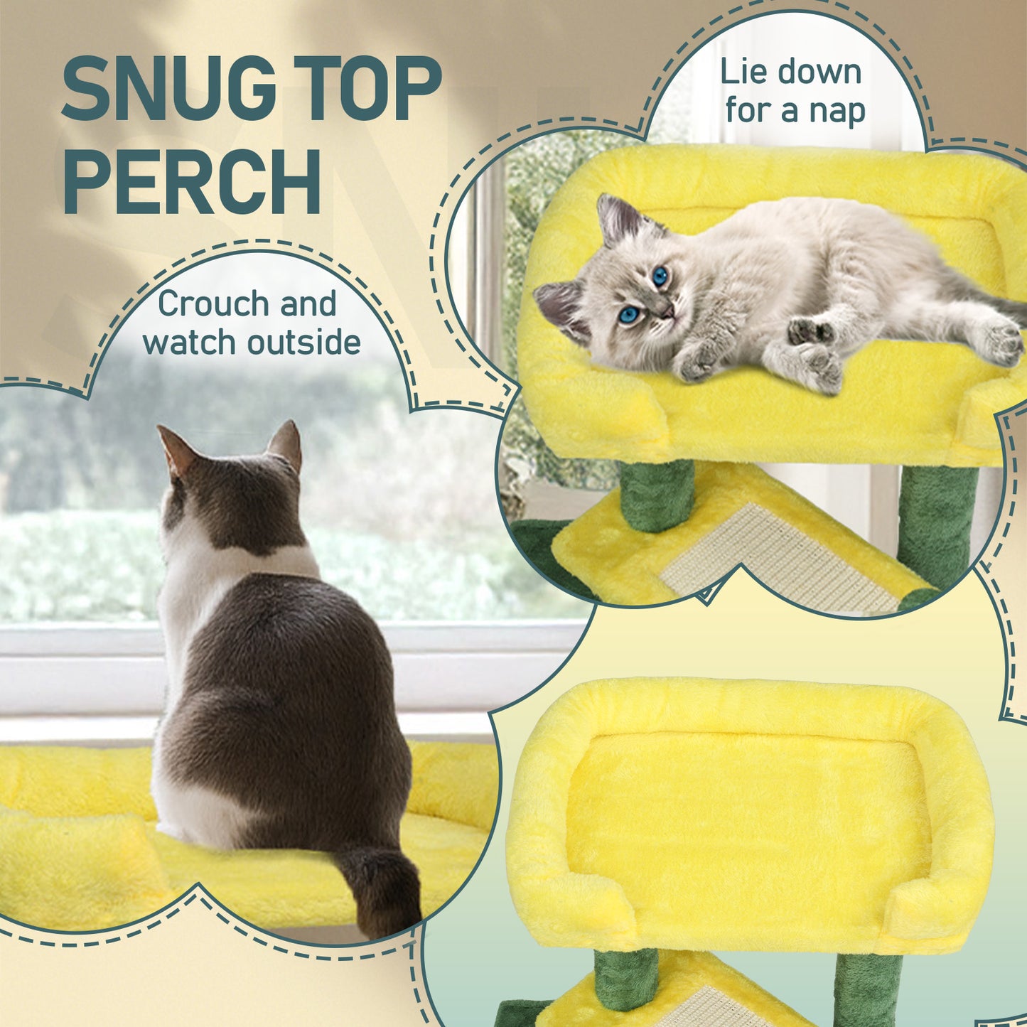 US Local 27.5in Cat Tree, Multi-level Cat Tower with Cat Scratching Post and Pad, Cozy Cat Condo, Padded Top Bed for Kittens and Indoor Cats, Yellow & Green