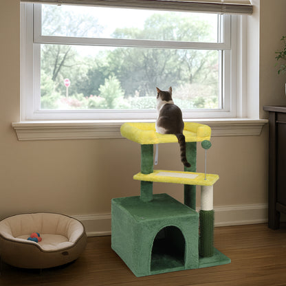 US Local 27.5in Cat Tree, Multi-level Cat Tower with Cat Scratching Post and Pad, Cozy Cat Condo, Padded Top Bed for Kittens and Indoor Cats, Yellow & Green