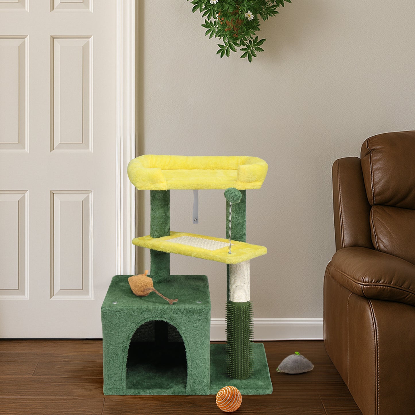 US Local 27.5in Cat Tree, Multi-level Cat Tower with Cat Scratching Post and Pad, Cozy Cat Condo, Padded Top Bed for Kittens and Indoor Cats, Yellow & Green
