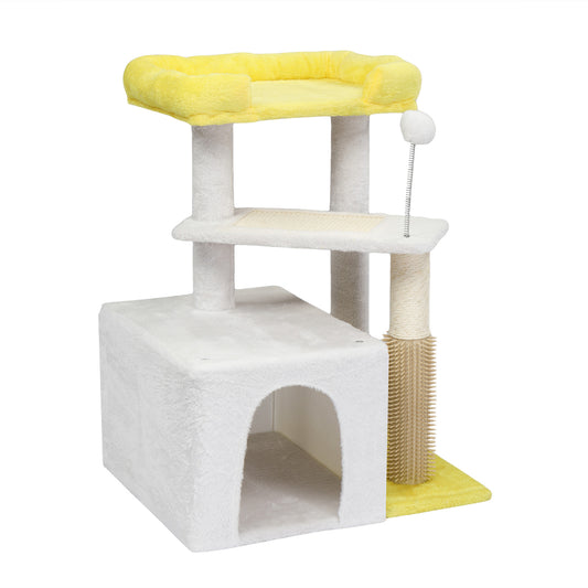 US Local 27.5in Cat Tree, Multi-level Cat Tower with Cat Scratching Post and Pad, Cozy Cat Condo, Padded Top Bed for Kittens and Indoor Cats, Yellow & White