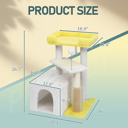 US Local 27.5in Cat Tree, Multi-level Cat Tower with Cat Scratching Post and Pad, Cozy Cat Condo, Padded Top Bed for Kittens and Indoor Cats, Yellow & White