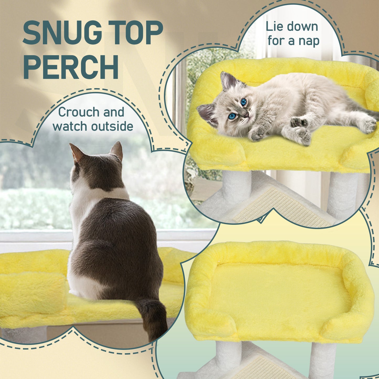 US Local 27.5in Cat Tree, Multi-level Cat Tower with Cat Scratching Post and Pad, Cozy Cat Condo, Padded Top Bed for Kittens and Indoor Cats, Yellow & White