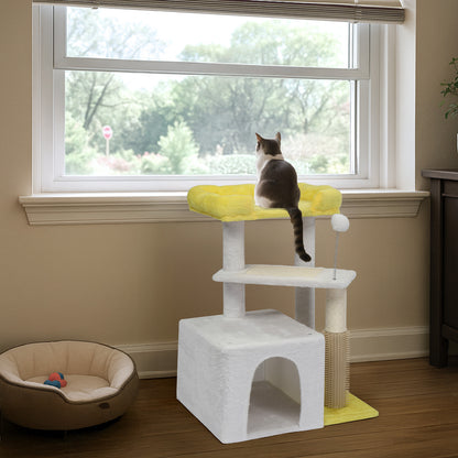 US Local 27.5in Cat Tree, Multi-level Cat Tower with Cat Scratching Post and Pad, Cozy Cat Condo, Padded Top Bed for Kittens and Indoor Cats, Yellow & White