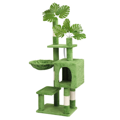 US Local 48in Plush Cat Tree with Leaves, Multi-level Cat Tower with Cat Condo, Cozy Hammock, Sisal Scratching Posts, Large Cat Pet Activity Center for Indoor Cats, Green