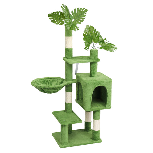 US Local 48in Plush Cat Tree with Leaves, Multi-level Cat Tower with Cat Condo, Cozy Hammock, Sisal Scratching Posts, Large Cat Pet Activity Center for Indoor Cats, Green