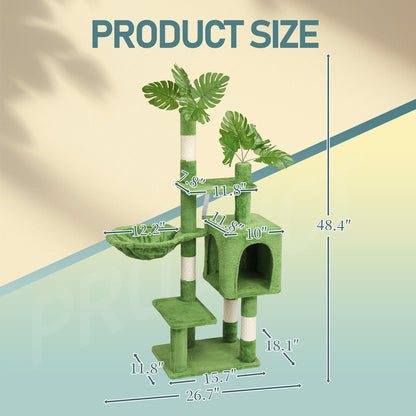 US Local 48in Plush Cat Tree with Leaves, Multi-level Cat Tower with Cat Condo, Cozy Hammock, Sisal Scratching Posts, Large Cat Pet Activity Center for Indoor Cats, Green