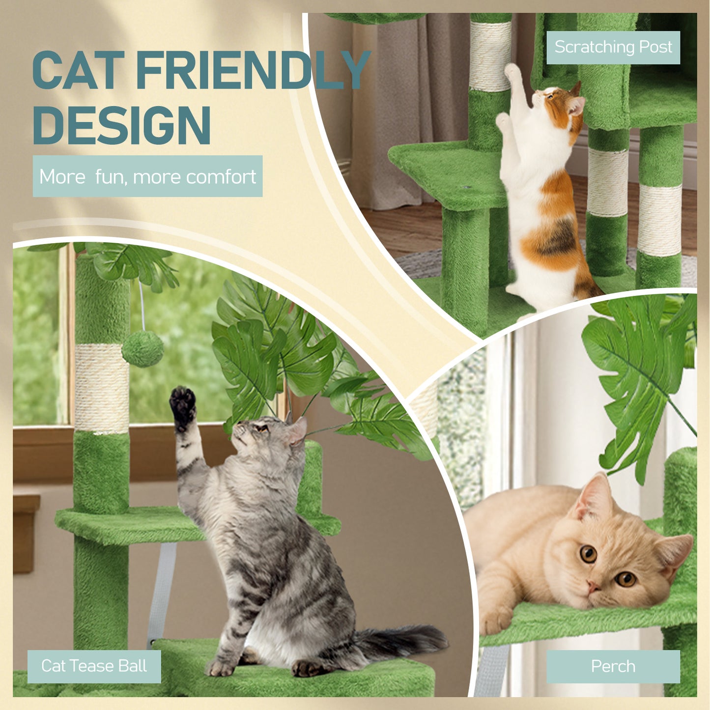 US Local 48in Plush Cat Tree with Leaves, Multi-level Cat Tower with Cat Condo, Cozy Hammock, Sisal Scratching Posts, Large Cat Pet Activity Center for Indoor Cats, Green