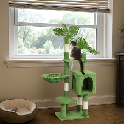 US Local 48in Plush Cat Tree with Leaves, Multi-level Cat Tower with Cat Condo, Cozy Hammock, Sisal Scratching Posts, Large Cat Pet Activity Center for Indoor Cats, Green