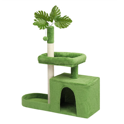 US Local 36in Cat Tree with Leaves, Multi-level Cat Tower with Cat Scratching Post, Cozy Cat Condo, Padded Beds, Dangling Ball for Kittens and Indoor Cats, Green
