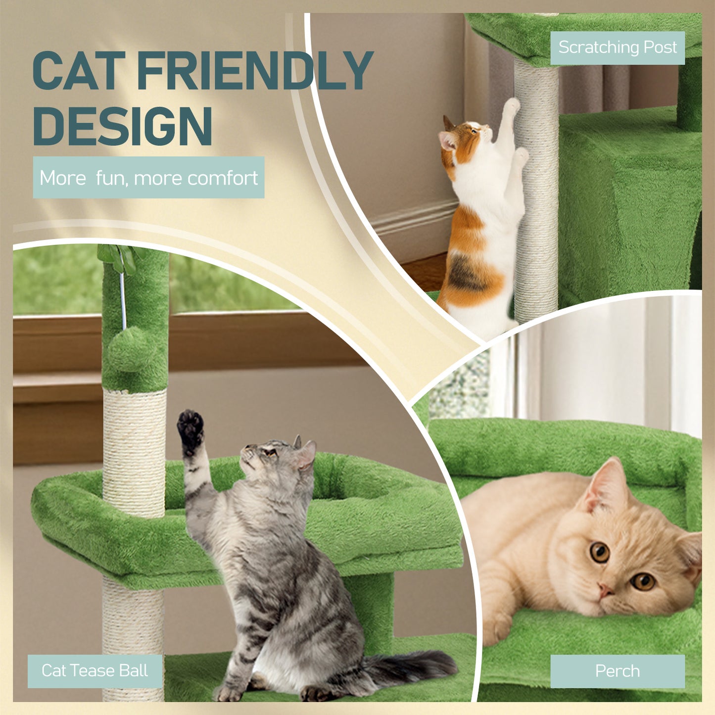 US Local 36in Cat Tree with Leaves, Multi-level Cat Tower with Cat Scratching Post, Cozy Cat Condo, Padded Beds, Dangling Ball for Kittens and Indoor Cats, Green