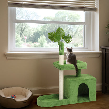 US Local 36in Cat Tree with Leaves, Multi-level Cat Tower with Cat Scratching Post, Cozy Cat Condo, Padded Beds, Dangling Ball for Kittens and Indoor Cats, Green