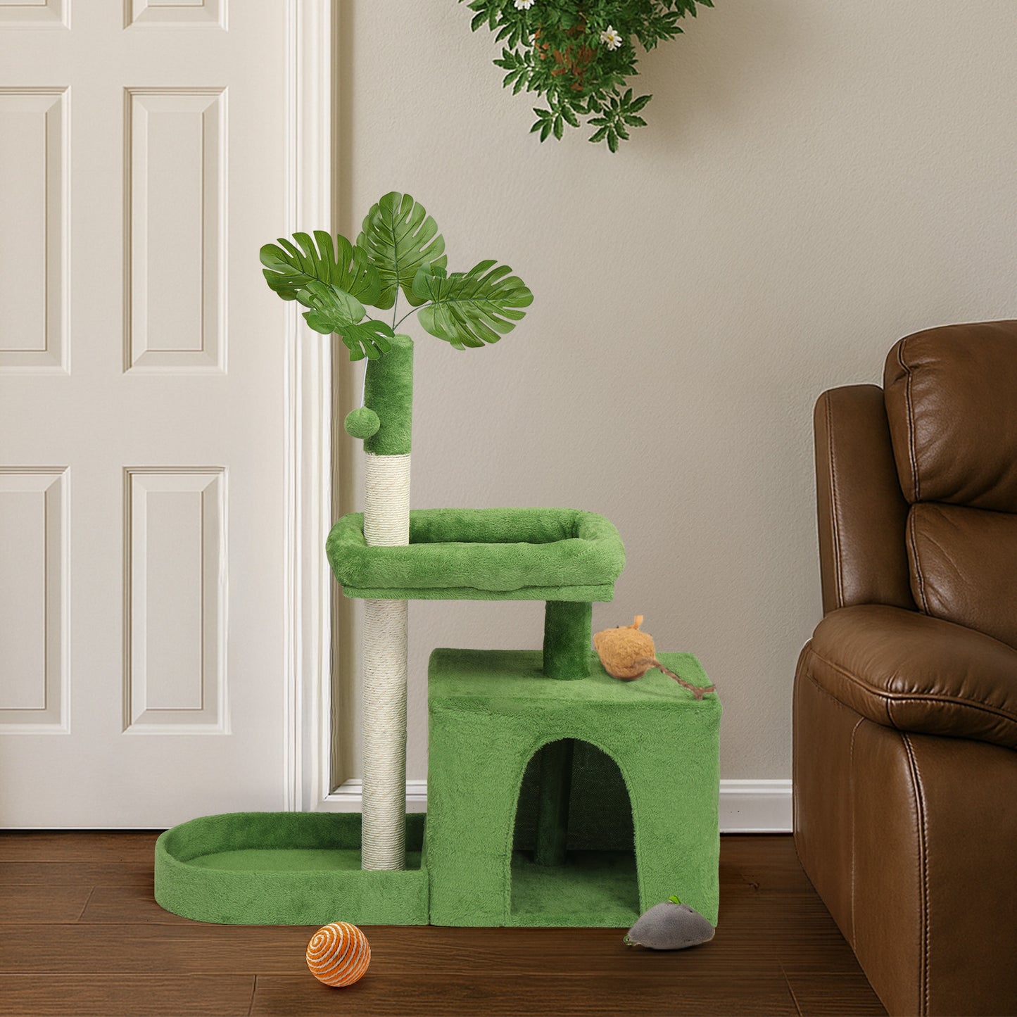 US Local 36in Cat Tree with Leaves, Multi-level Cat Tower with Cat Scratching Post, Cozy Cat Condo, Padded Beds, Dangling Ball for Kittens and Indoor Cats, Green