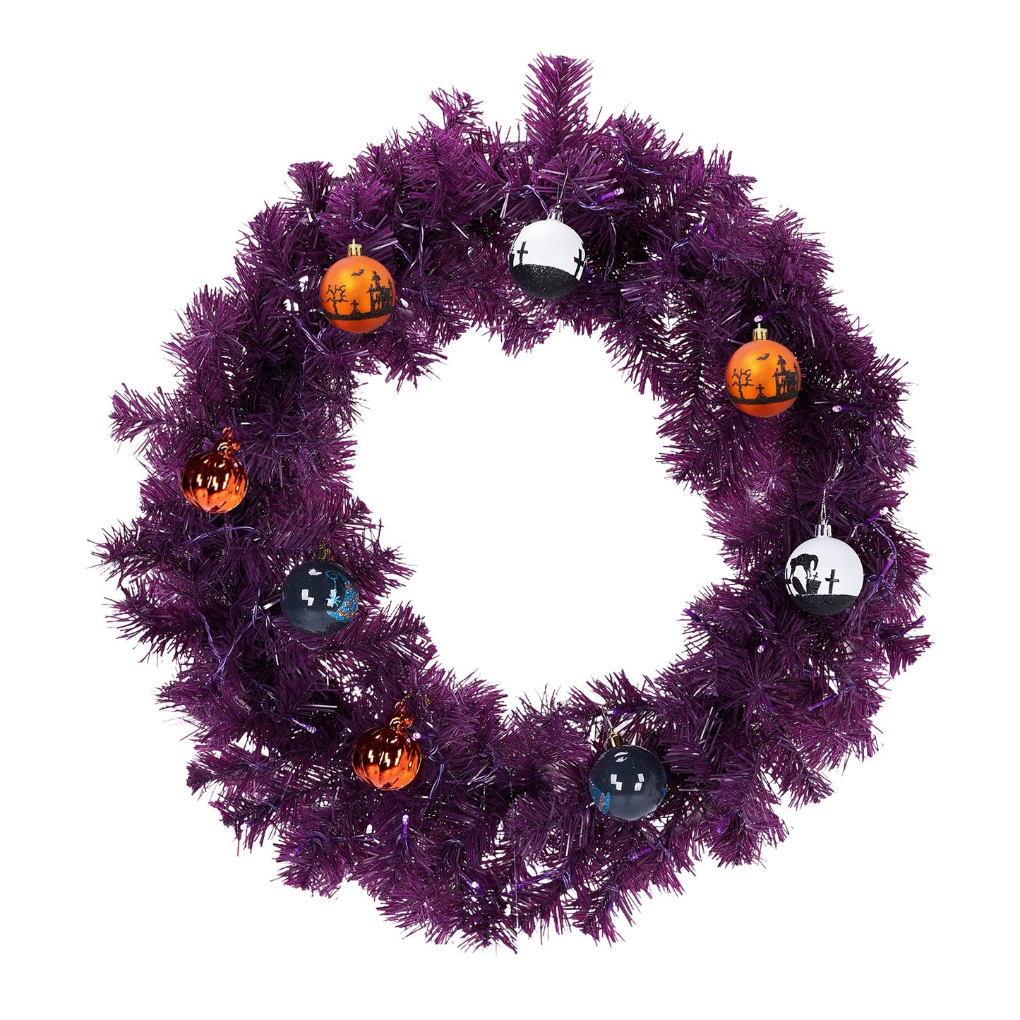 US Local 24in Pre-lit Halloween-Themed Christmas Wreath, Lighted Artificial Xmas Wreath with 50 Purple & Orange Lights and 100 PVC Tips and DIY Ball Ornaments, for Front Door Gate Wall Xmas Party Decorations,