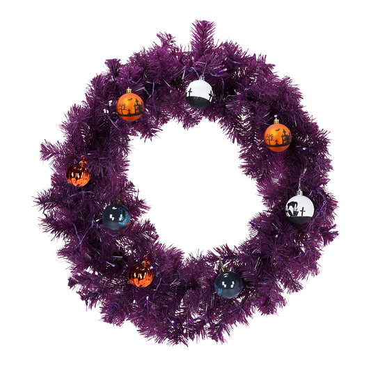 US Local 24in Pre-lit Halloween-Themed Christmas Wreath, Lighted Artificial Xmas Wreath with 50 Purple & Orange Lights and 100 PVC Tips and DIY Ball Ornaments, for Front Door Gate Wall Xmas Party Decorations,