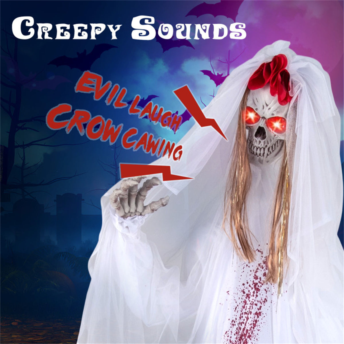 US Local 7.2ft Life-Size Animated Halloween Bride Prop - Bloodstained Dress, Sound-Activated