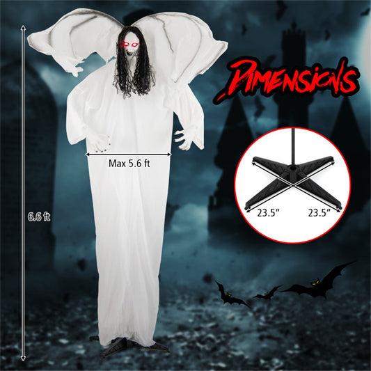 US Local 6.6 ft Life-Size Animated Halloween Angel Prop - Long Black Curly Hair, Sound-Activated , Automatic Flapping Wings
