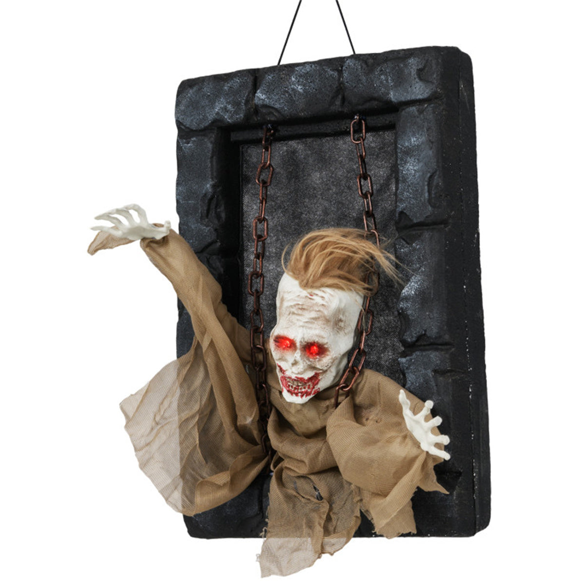US Local 18"x12.5" Sound-Activated Halloween Zombie Prisoner Decor - Glowing Red Eyes, Creepy Sounds & Movements, Hanging Strap for Easy Display