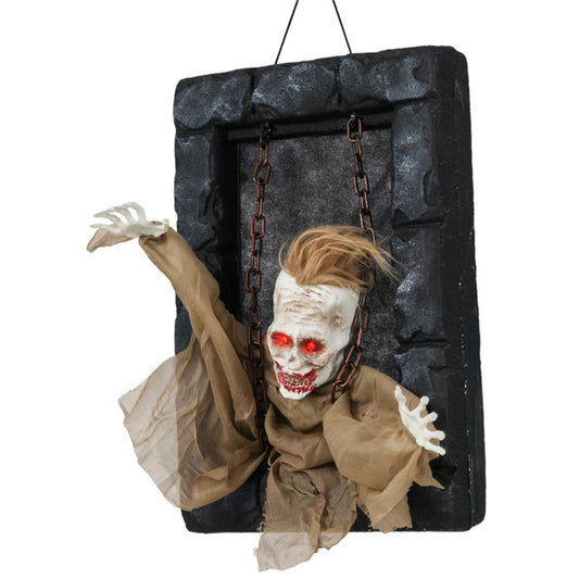 US Local 18"x12.5" Sound-Activated Halloween Zombie Prisoner Decor - Glowing Red Eyes, Creepy Sounds & Movements, Hanging Strap for Easy Display