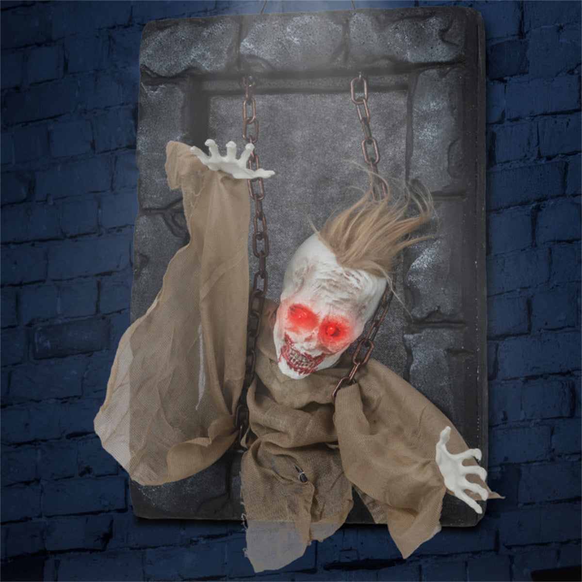 US Local 18"x12.5" Sound-Activated Halloween Zombie Prisoner Decor - Glowing Red Eyes, Creepy Sounds & Movements, Hanging Strap for Easy Display