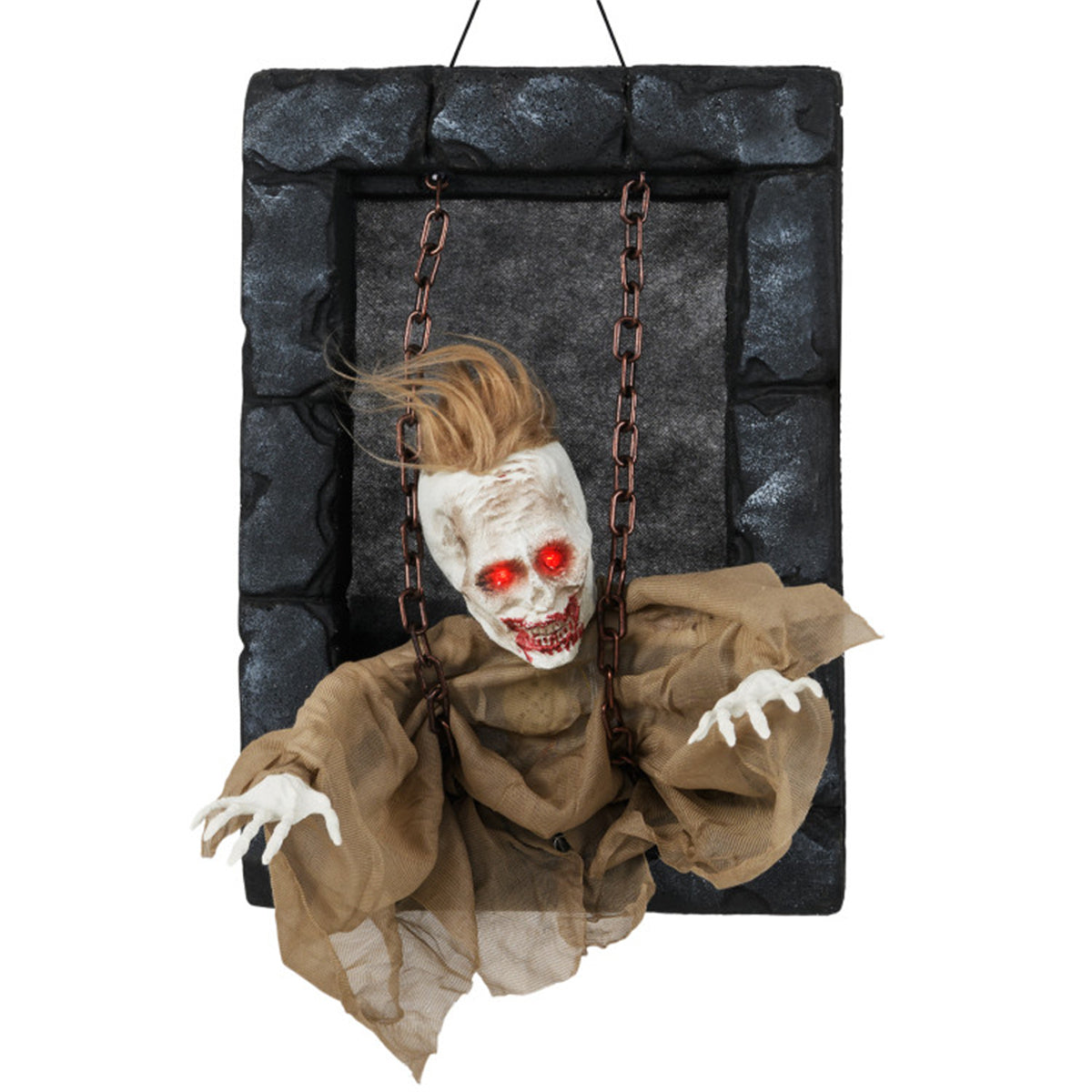 US Local 18"x12.5" Sound-Activated Halloween Zombie Prisoner Decor - Glowing Red Eyes, Creepy Sounds & Movements, Hanging Strap for Easy Display