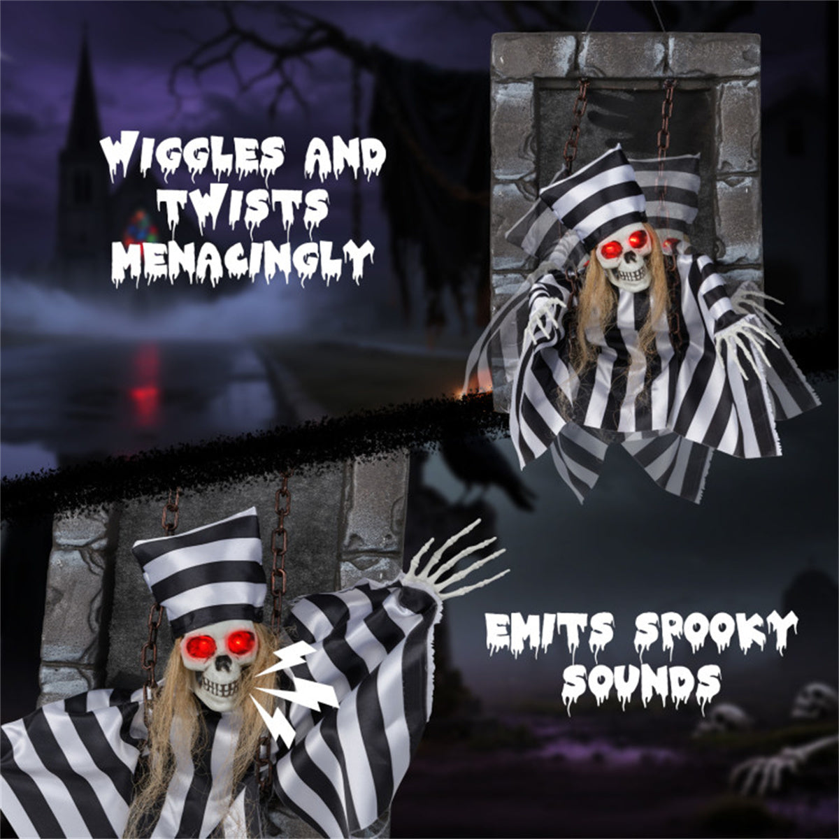 US Local 18" Animated Halloween Chained Prisoner Decor - Sound-Activated (Glowing Red Eyes + Spooky Sounds), Hanging Rope for Easy Install