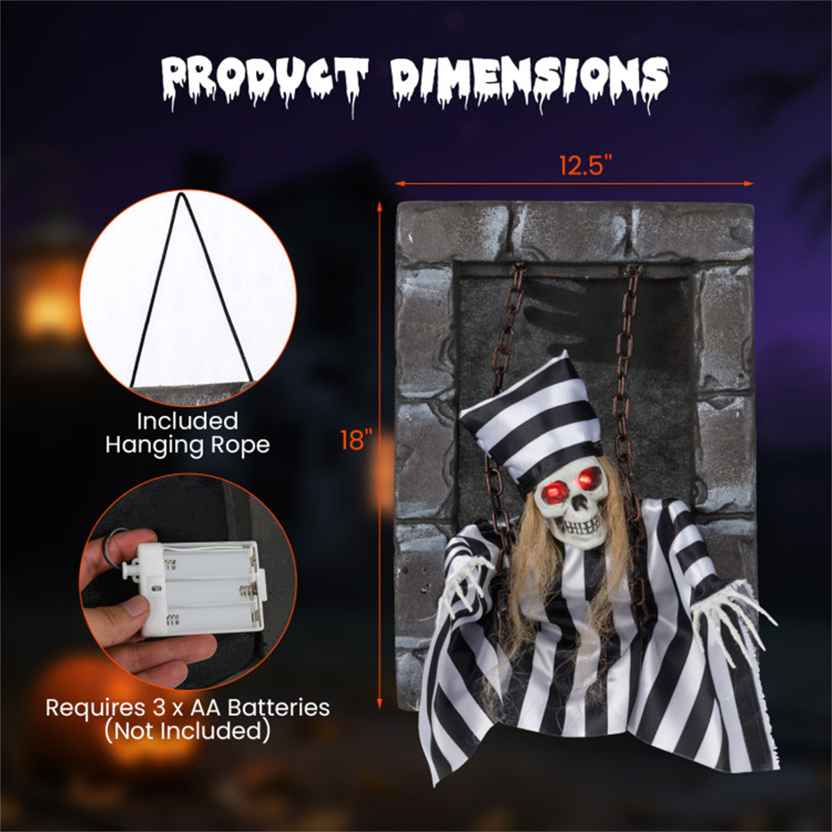 US Local 18" Animated Halloween Chained Prisoner Decor - Sound-Activated (Glowing Red Eyes + Spooky Sounds), Hanging Rope for Easy Install