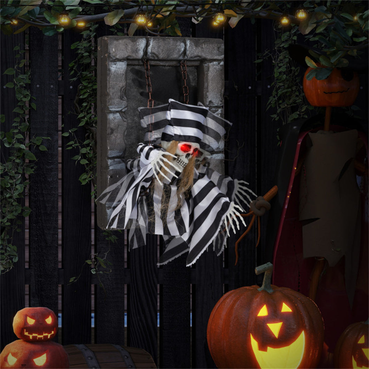 US Local 18" Animated Halloween Chained Prisoner Decor - Sound-Activated (Glowing Red Eyes + Spooky Sounds), Hanging Rope for Easy Install