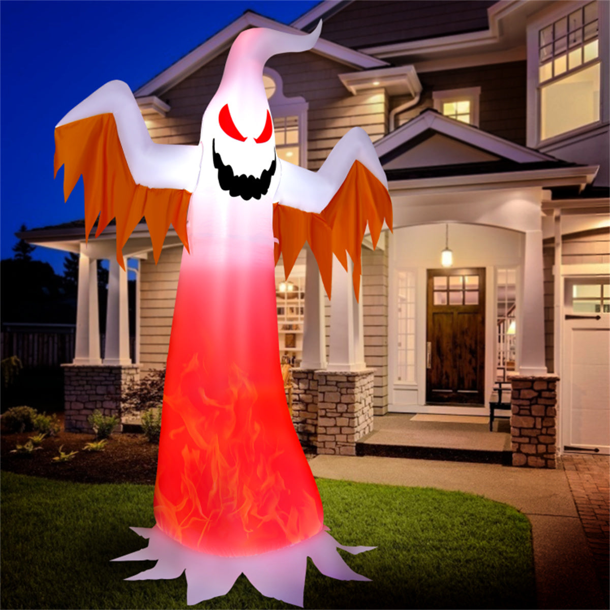 US Local 8FT Halloween Inflatable White Ghost - Rotatable Colorful LED Flame Lights, 190T Waterproof Polyester, Built-In Blower for Quick Inflation