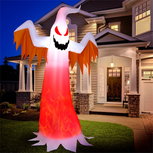 US Local 8FT Halloween Inflatable White Ghost - Rotatable Colorful LED Flame Lights, 190T Waterproof Polyester, Built-In Blower for Quick Inflation