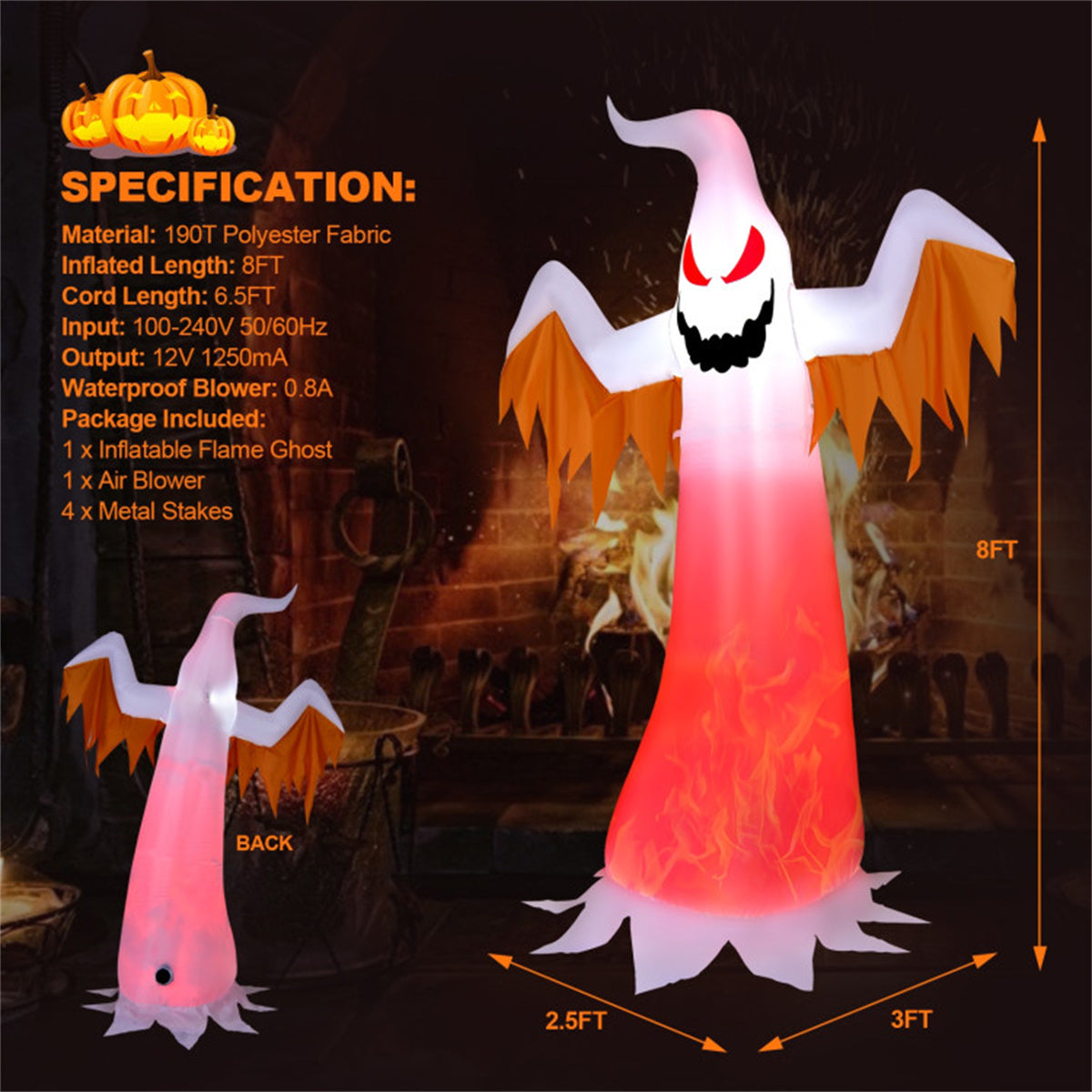 US Local 8FT Halloween Inflatable White Ghost - Rotatable Colorful LED Flame Lights, 190T Waterproof Polyester, Built-In Blower for Quick Inflation