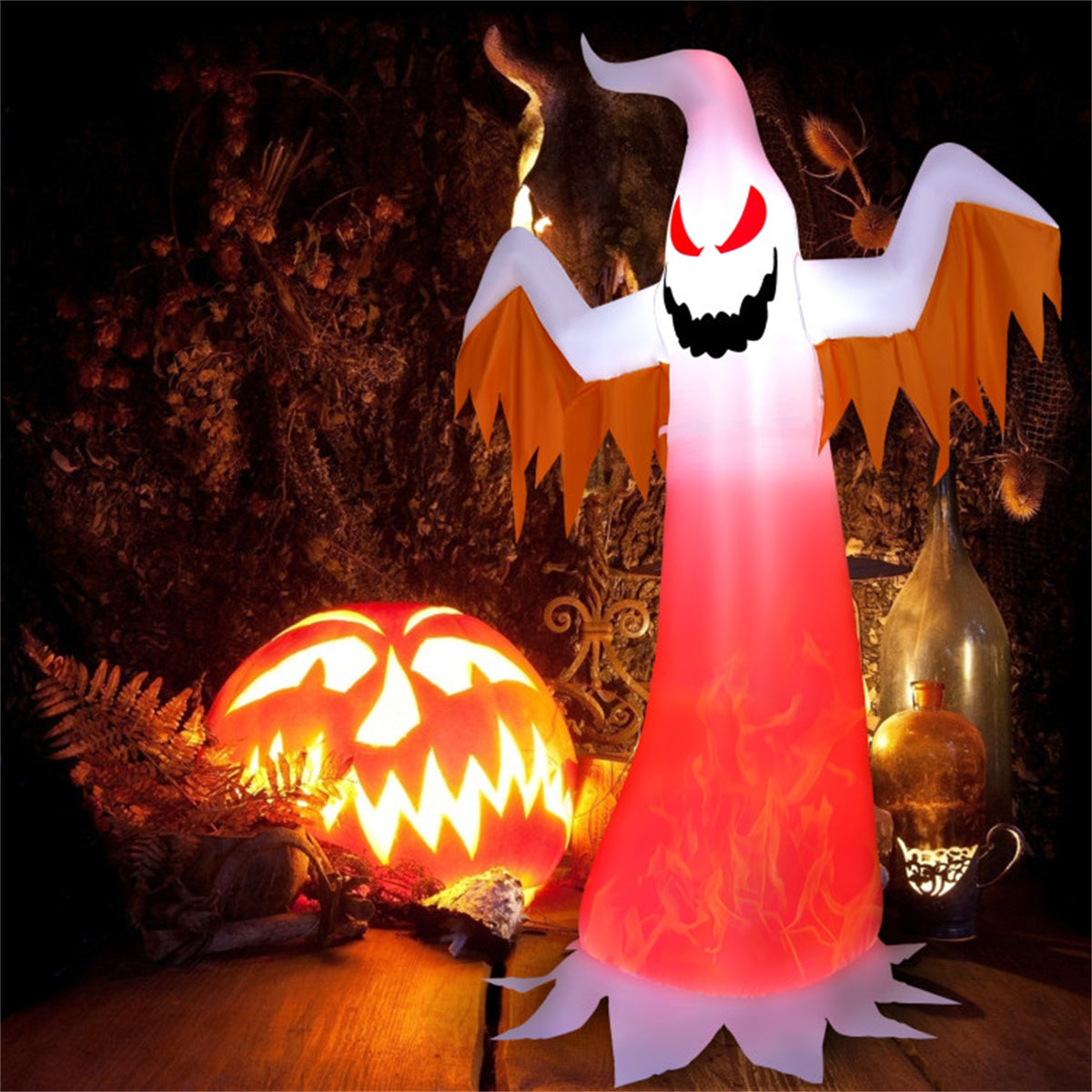 US Local 8FT Halloween Inflatable White Ghost - Rotatable Colorful LED Flame Lights, 190T Waterproof Polyester, Built-In Blower for Quick Inflation