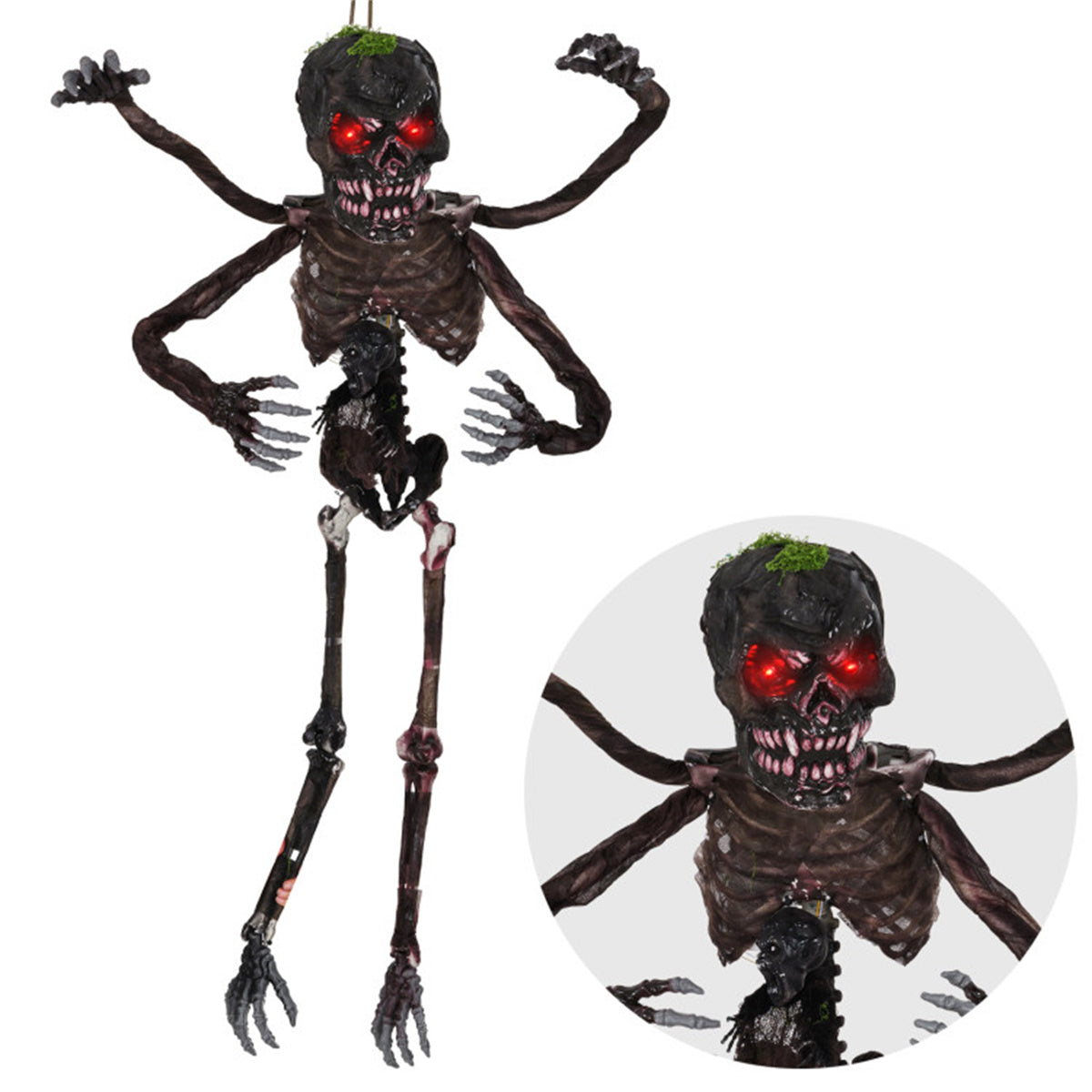 US Local 6ft Sound-Activated Halloween Skeleton - Flashing Red Eyes, Spooky Sounds, 4 Poseable Arms + Extra Skull, Hanging Rope