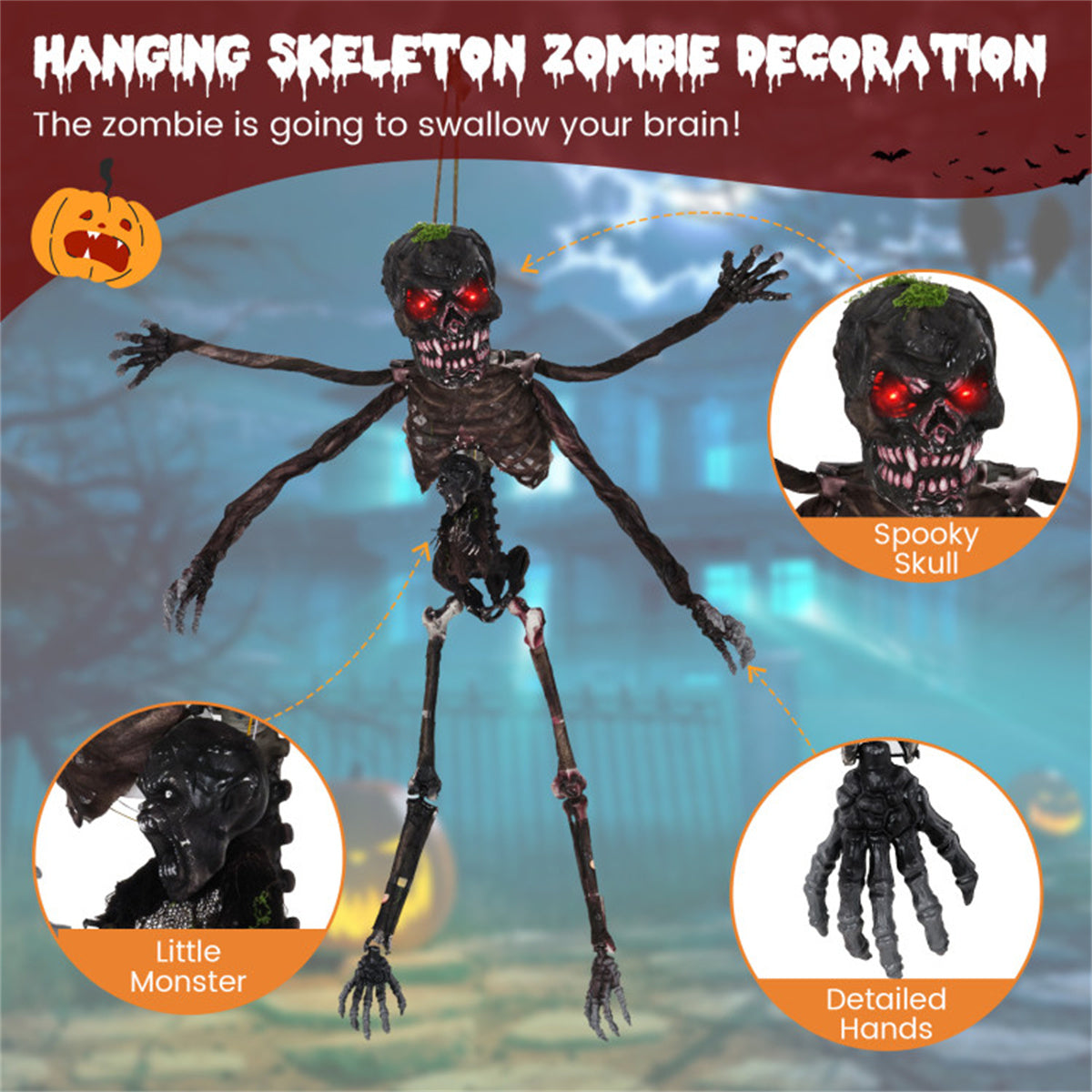 US Local 6ft Sound-Activated Halloween Skeleton - Flashing Red Eyes, Spooky Sounds, 4 Poseable Arms + Extra Skull, Hanging Rope