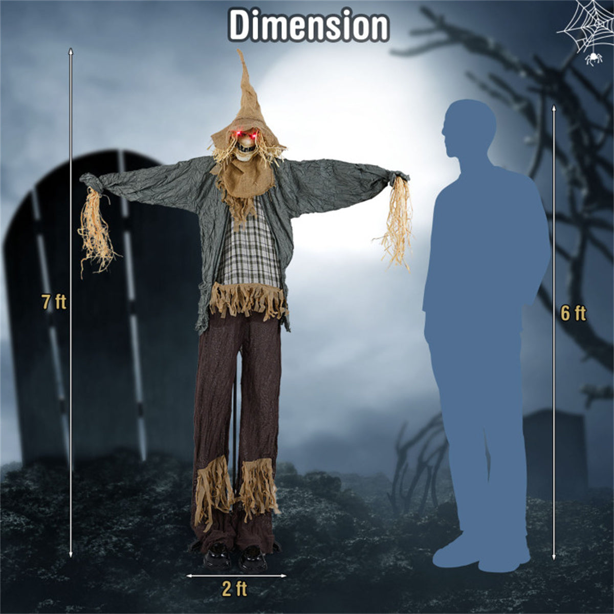 US Local 7ft Life-Size Animated Halloween Scarecrow - Sound-Activated (Creepy Sounds + Moving Hat + Glowing Red Eyes), Poseable Arms