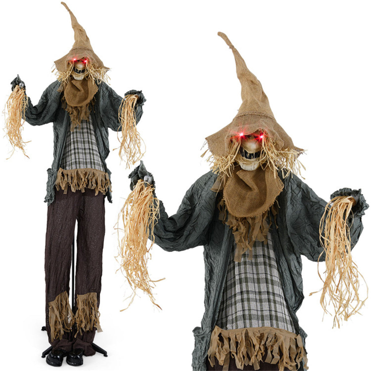 US Local 7ft Life-Size Animated Halloween Scarecrow - Sound-Activated (Creepy Sounds + Moving Hat + Glowing Red Eyes), Poseable Arms