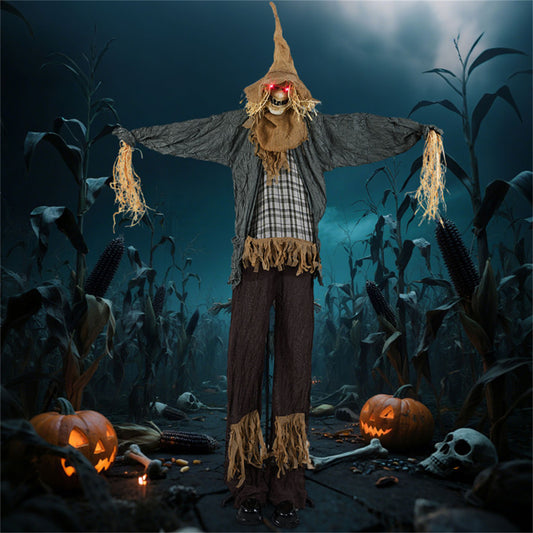 US Local 7ft Life-Size Animated Halloween Scarecrow - Sound-Activated (Creepy Sounds + Moving Hat + Glowing Red Eyes), Poseable Arms