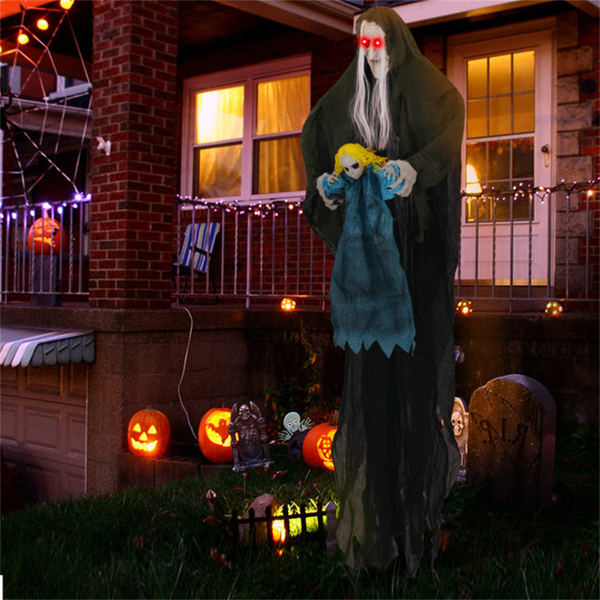 US Local Halloween Animated Witch Decor  - Sound-Triggered Activation, Included Hanging Rope, Realistic Torn Robe & Horrifying Face