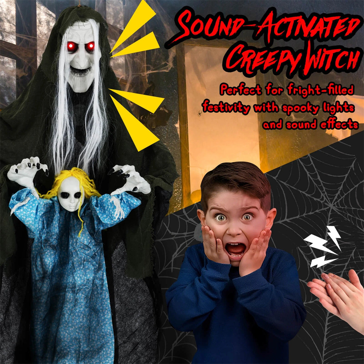 US Local Halloween Animated Witch Decor  - Sound-Triggered Activation, Included Hanging Rope, Realistic Torn Robe & Horrifying Face