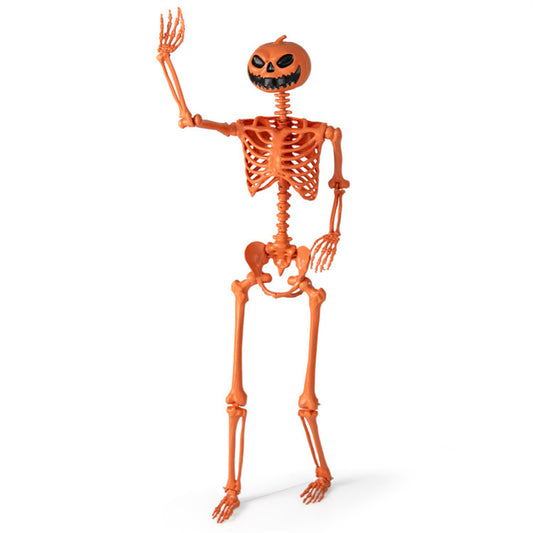 US Local 5.5ft Life-Size Halloween Skeleton with Pumpkin Head - Orange Color, Fully Poseable Joints (Jaw/Shoulders/Knees), PP+PE Material