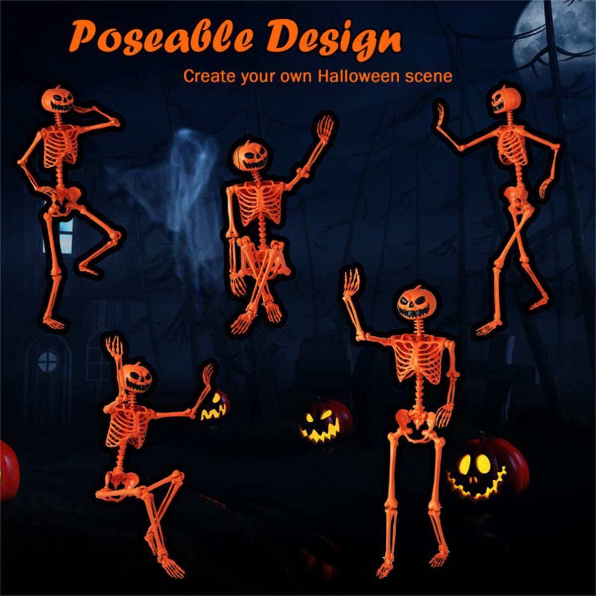 US Local 5.5ft Life-Size Halloween Skeleton with Pumpkin Head - Orange Color, Fully Poseable Joints (Jaw/Shoulders/Knees), PP+PE Material