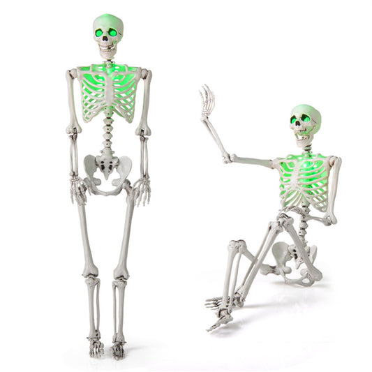 US Local 5.5ft Life-Size Pre-Lit Halloween Skeleton - Built-In Green LED Lights (Eyes/Chest), Fully Poseable Joints, PP+PE Material