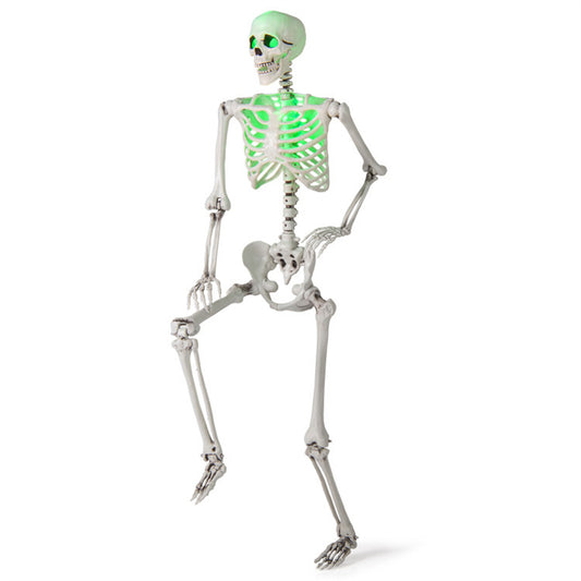 US Local 5.5ft Life-Size Pre-Lit Halloween Skeleton - Built-In Green LED Lights (Eyes/Chest), Fully Poseable Joints, PP+PE Material