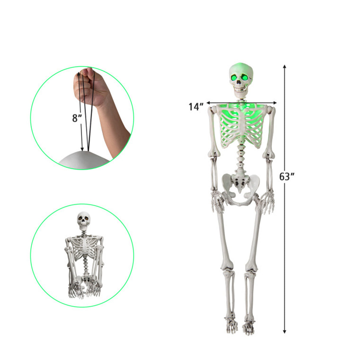 US Local 5.5ft Life-Size Pre-Lit Halloween Skeleton - Built-In Green LED Lights (Eyes/Chest), Fully Poseable Joints, PP+PE Material